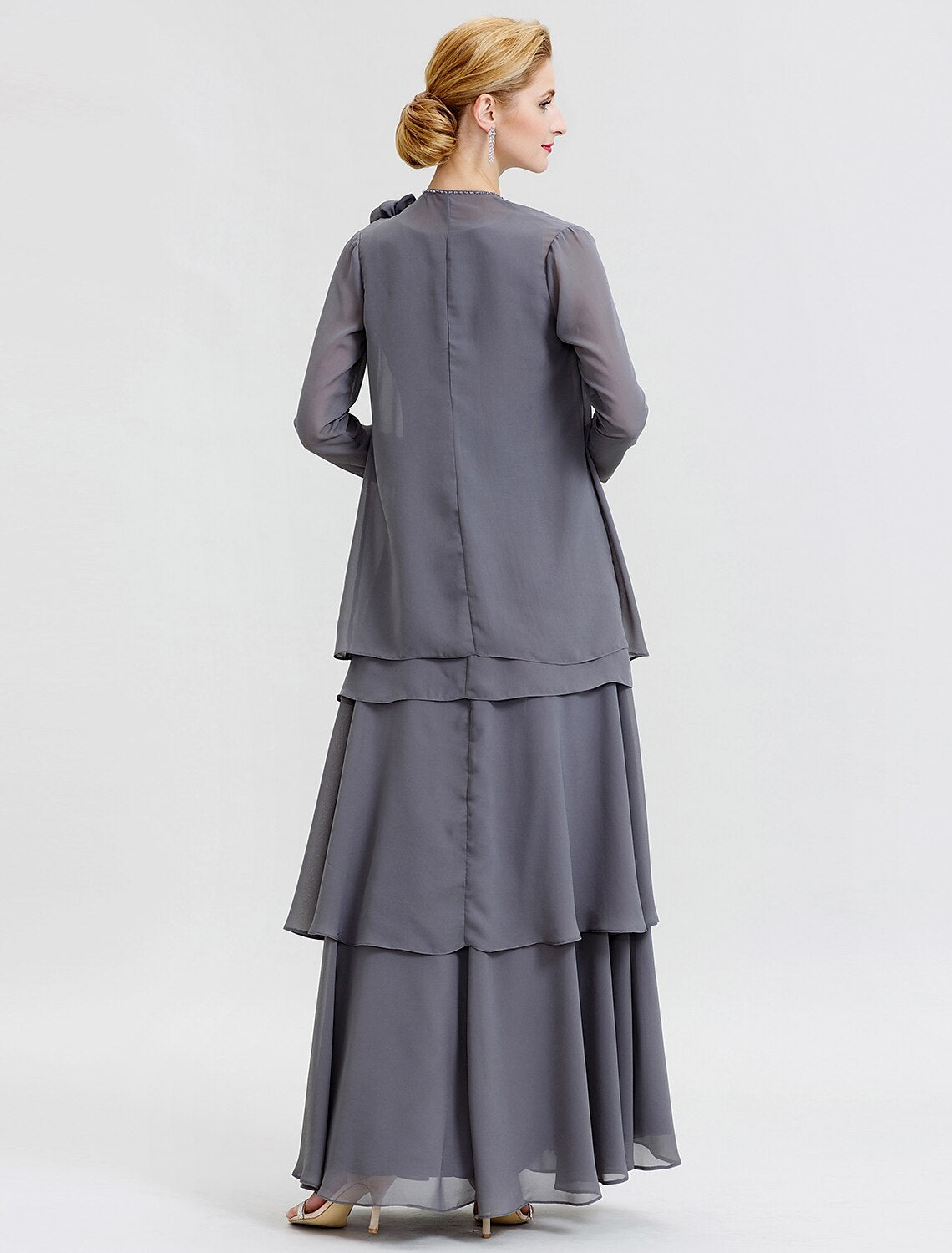 Abito da madre della sposa a trapezio, formale, floreale, convertibile, scollo a barchetta, lunghezza pavimento, in chiffon, manica lunga, avvolgente, con perline e fiori a strati